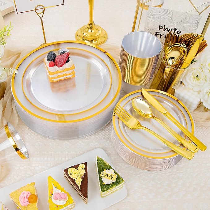 150 PCS Clear Gold Disposable Dinnerware Set for 25 Guests, Clear and Gold Plastic Plates for Party, 25 Dinner Plates, 25 Salad Plates, 25 Cups, 25 Spoons Forks Knives for Wedding and Party Supplies
