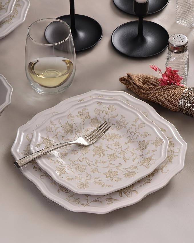 222 Fifth 12-Piece Porcelain Dinnerware Set for 4, Glossy Cream Plates and Bowls Set with Taupe Flowers, Elegant Square Ceramic Dish Set, Kitchen Tableware, Microwave & Dishwasher Safe, Batik Toile