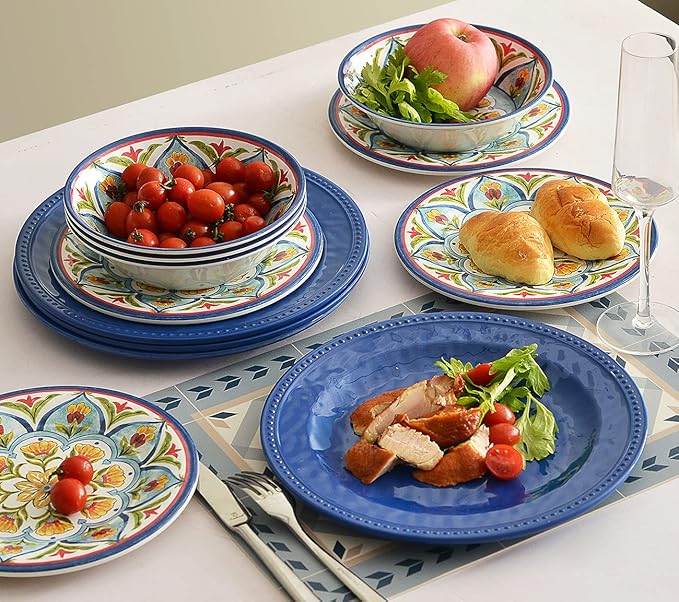 Melamine Dinnerware Sets, 12Pcs Dishes Set for 4, Plates and Bowls Sets Outdoor Dinnerware, Dishwasher Safe BPA free (Retro Style)