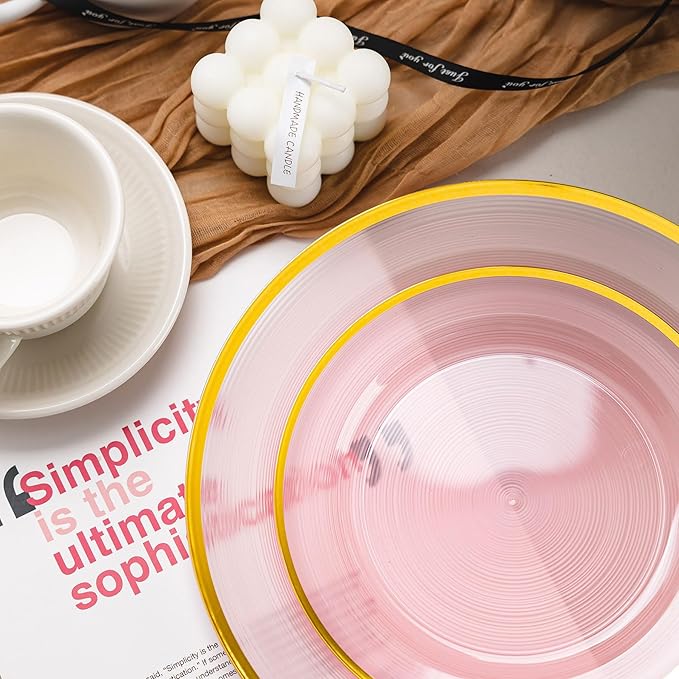 120PCS Pink Plastic Plates with Gold Rim, Heavy Duty Disposable Plate, Fancy and Elegant Circular Ribbed 60 Dinner and Dessert Plates for Party, Weddings