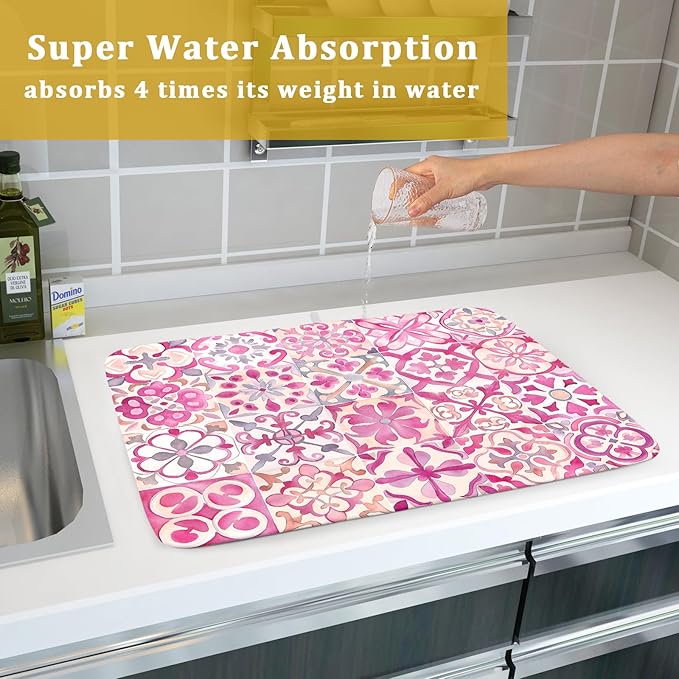 Pink Mexican Tiles Dish Drying Mat Absorbent Microfiber Dish Drying Pad for Kitchen Multi-use Large