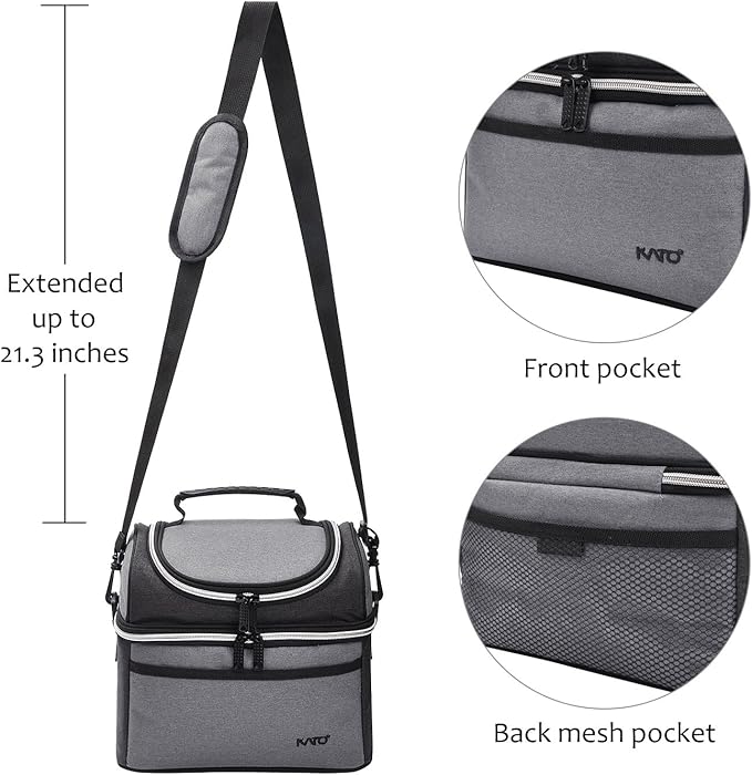 Tirrinia Reusable Lunch Box for Men Women, Insulated Lunch Bag Adult Work, Double Decker Leakproof Lunchbox for Office Picnic Beach—Dual Compartment Lunch Cooler Bag,Gray