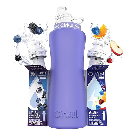 Cirkul 32oz. Matte Periwinkle Stainless Steel Water Bottle Starter Kit with Periwinkle Lid, 2 Flavor Cartridges (1 LifeSip Blackberry Blueberry, 1 GoSip Berry Blue Punch) No Sugar, Zero Calorie Drink Mix