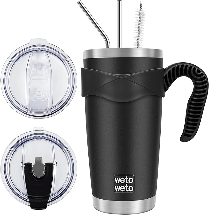 WETOWETO 20oz Tumbler with 2 lids and 2 straws, Stainless Steel Vacuum Insulated Coffee Tumbler Cup, Double Wall Powder Coated Leak-proof Travel Coffee Mug Cup (Black, 1 Pack)