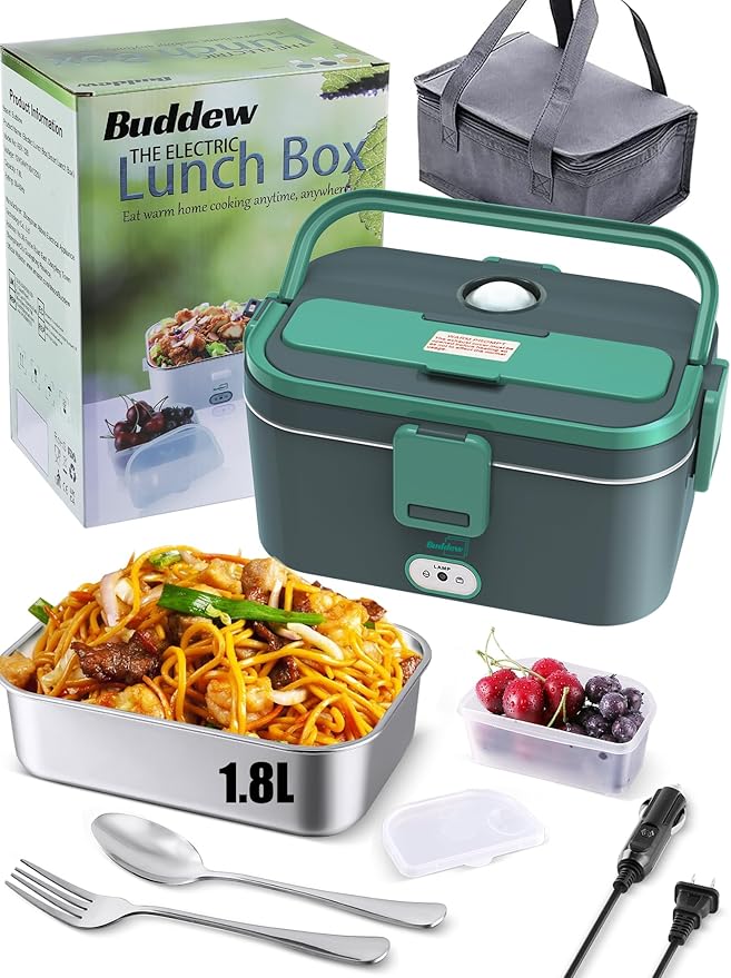Buddew Electric Lunch Box for Adults, 80W Heated Lunch Box 1.8L Stainless Steel Portable Food Warmer,12/24/110V Lonchera Electrica Portatil for Travel & Work, Loncheras para Hombres de Trabajo