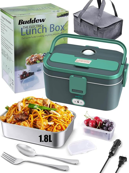 Buddew Electric Lunch Box for Adults, 80W Heated Lunch Box 1.8L Stainless Steel Portable Food Warmer,12/24/110V Lonchera Electrica Portatil for Travel & Work, Loncheras para Hombres de Trabajo