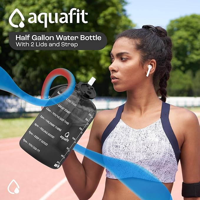 AQUAFIT Half Gallon Water Bottle with Time Marker - Straw & Chug Lid - BPA Free Gym Water Bottle with Straw - Big Gallon Jug (Blue Skies, 64 oz - 2 Lids)