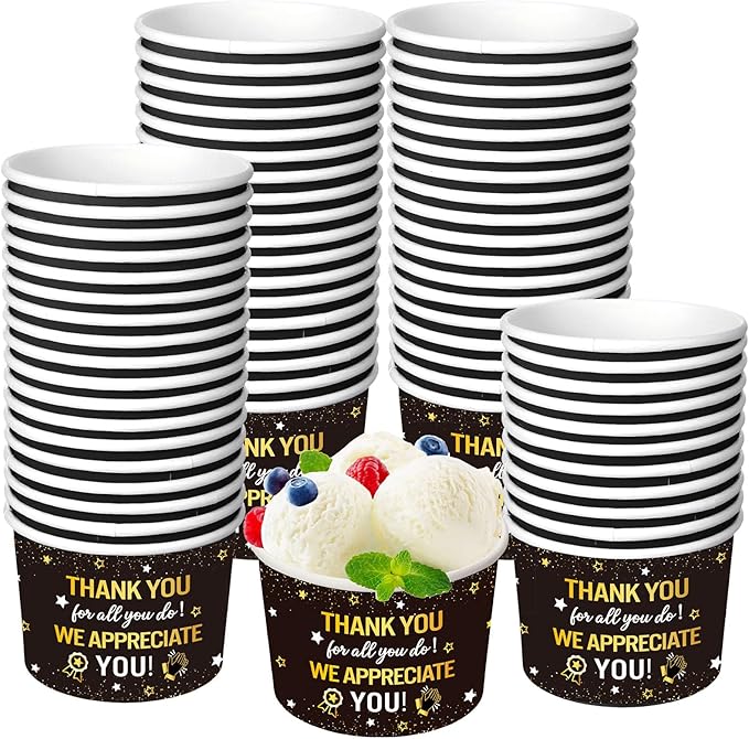 50 Pack We Appreciate You Snack Cups Thank You Paper Ice Cream Cups 9 oz Black Gold Disposable Dessert Bowl Paper Soup Bowl for Hot Cold Food Appreciate Teacher Employee Staff Party Supplies