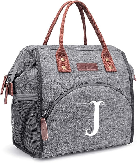 Personalized Lunch Box for Women, Initial Reusable Insulated Lunch Bag, Wide-Open Adult Lunchbox Cooler Lunchbag Snack Organizer, Initial Leakproof Lunch Tote Bag for Picnic Work Outdoors Grey - J