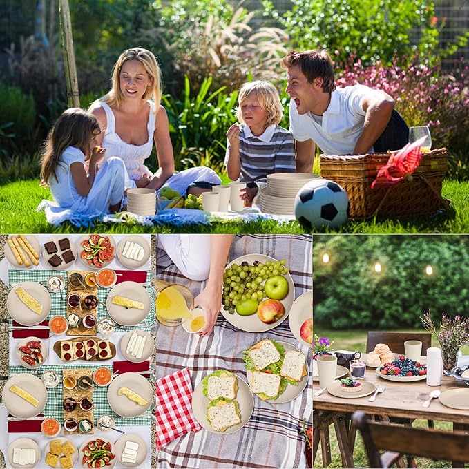 Cream Plastic Plates and Bowls Sets Dishwasher and Microwave Safe Wheat Straw Dinnerware Sets for 8,Reusable Plastic Dishes Set Lightweight Unbreakable for Kitchen Camping Outdoor RV 32 Pcs