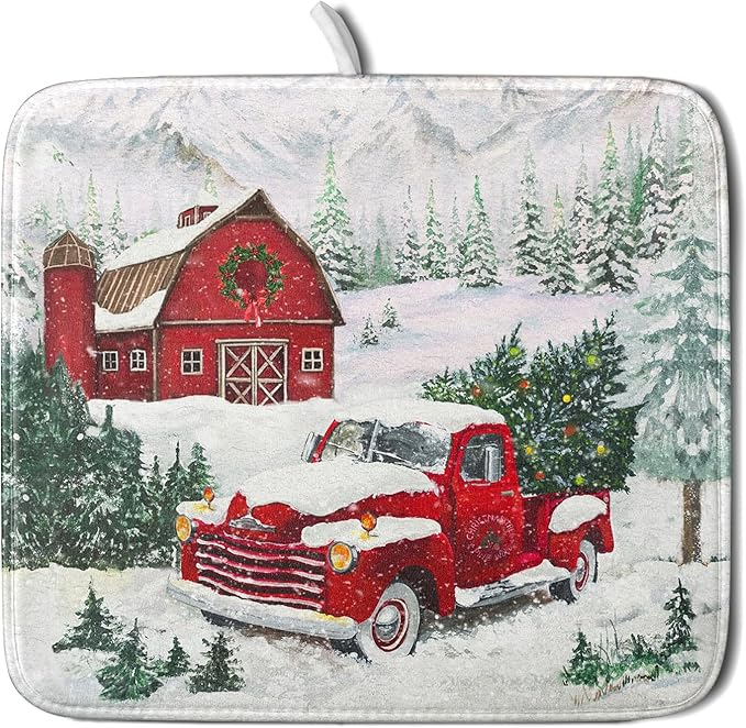 Winter Red Truck Dish Drying Mat Christmas Tree Dishes Pad 16x18 Inch Dish Drainer Rack Mats Absorbent Fast Dry Kitchen Holiday Accessories