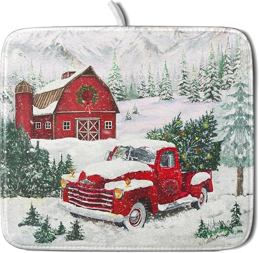 Winter Red Truck Dish Drying Mat Christmas Tree Dishes Pad 16x18 Inch Dish Drainer Rack Mats Absorbent Fast Dry Kitchen Holiday Accessories