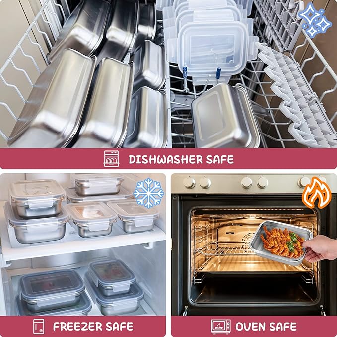 10 PC Square 304 Stainless Steel Food Containers with Lids, Airtight Bento Lunch Box, Metal Meal Prep Food Containers Reusable Stackable | Nestable Oven/Dishwsher/Freezer Safe