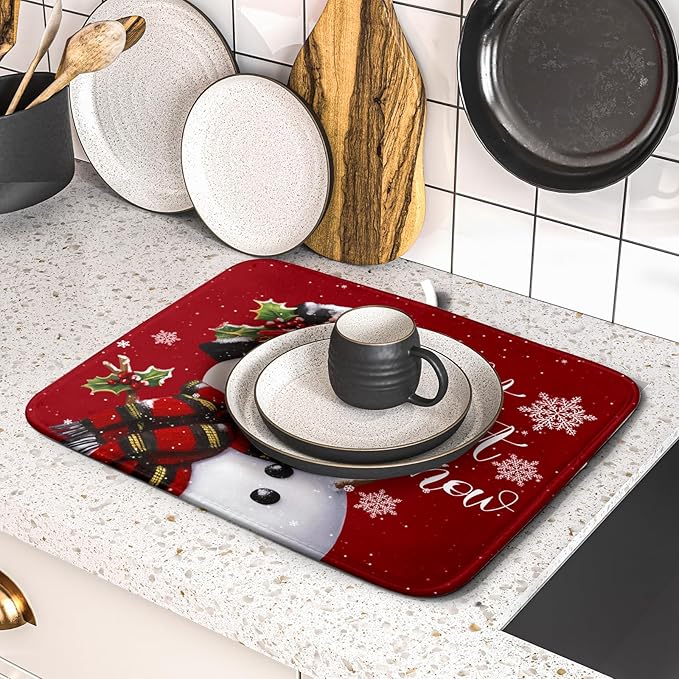 Christmas Dish Drying Mat for Kitchen Counter Snowman Let It Snow Microfiber Absorbent Dish Draining Reusable Washable Foldable 16"x18"