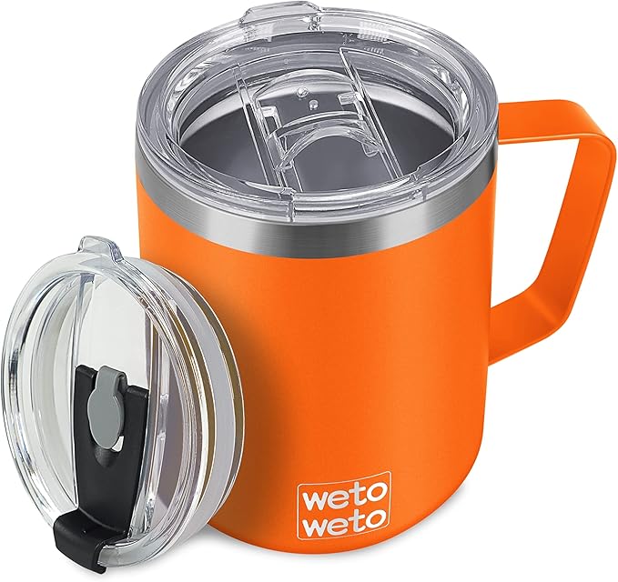 WETOWETO 14 oz Coffee Mug, Vacuum Insulated Camping Mug with Lid, Double Wall Stainless Steel Travel Tumbler Cup, Coffee Mugs Outdoor, Powder Coated Orange