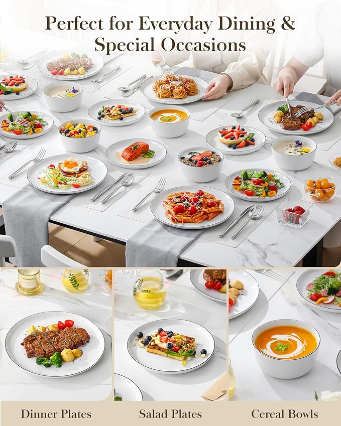 MALACASA 18 Pieces Gourmet Porcelain Dinnerware Sets, Premium Plates and Bowls Set, High-Fired Dishes Set for 6, Chip & Scratch Resistant, Microwave Dishwasher Safe, White & Black Rim, Series LEXI