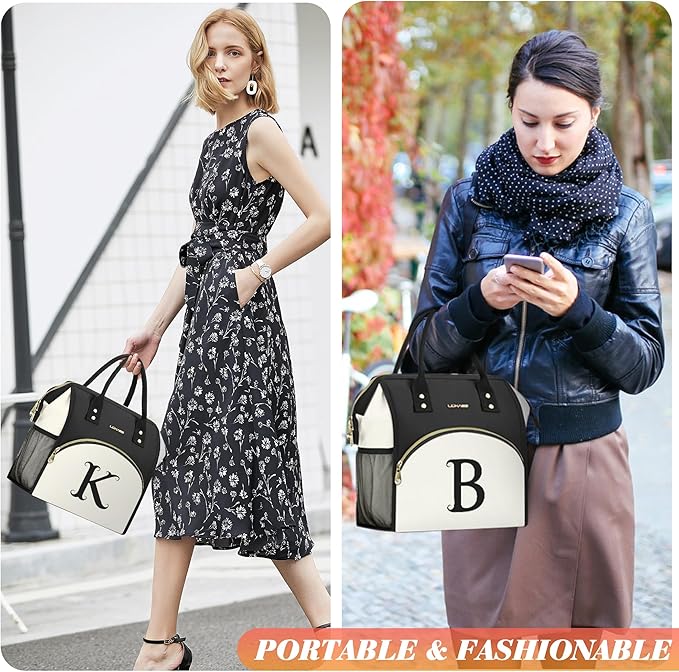 Personalized Lunch Box for Women, Initial Reusable Insulated Lunch Bag, Wide-Open Adult Lunchbox Cooler Lunchbag, Initial Leakproof Lunch Tote Bag for Picnic Work Outdoors Black and White - A