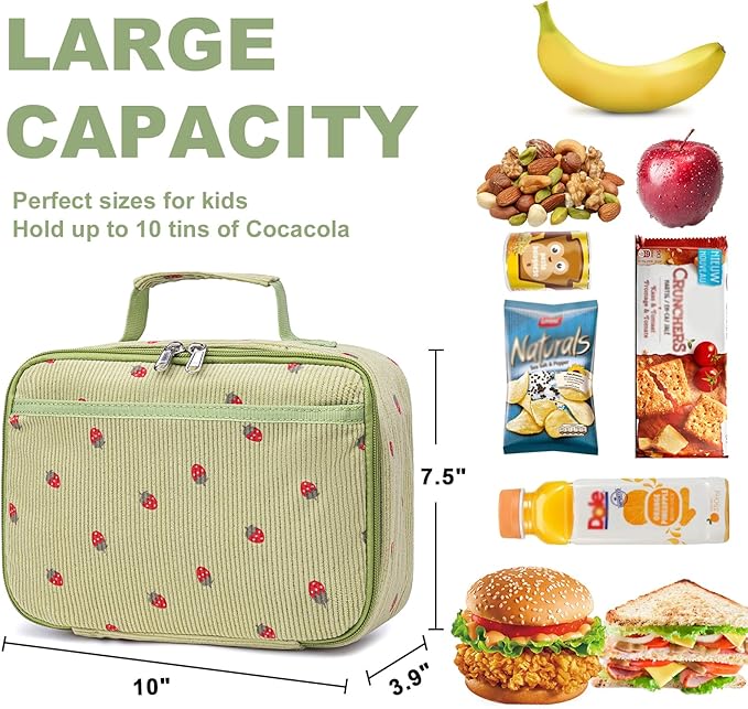 Bluboon Kids Girls Lunch Bag Insulated Lunch Box for school Corduroy Lunch Cooler Organizer School Kids Lunch Tote (Corduroy-Strawberries-Green)