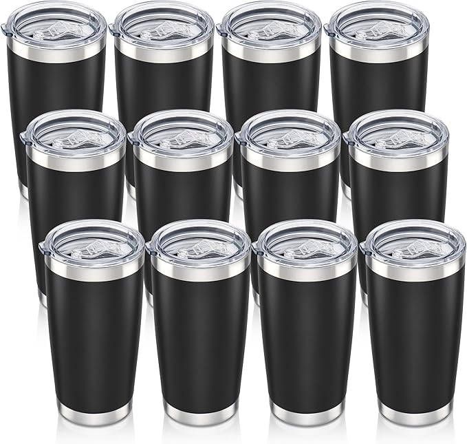 20 oz Tumbler with Lid Stainless Steel Insulated Tumblers Bulk Double Wall Vacuum Cups Powder Coated Travel Mug Keep Drinks Cold and Hot, Black, 12 Pack