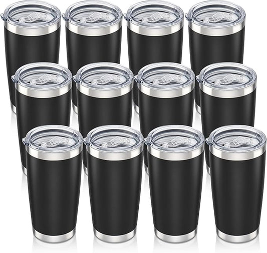 20 oz Tumbler with Lid Stainless Steel Insulated Tumblers Bulk Double Wall Vacuum Cups Powder Coated Travel Mug Keep Drinks Cold and Hot, Black, 12 Pack