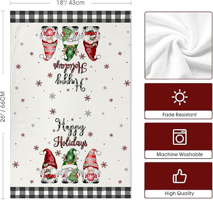 Christmas Dish Towels Set of 2-18"x26" Holiday Kitchen Towels with White & Black Checkered Design, Quick-Drying Xmas Themed Hand Towels