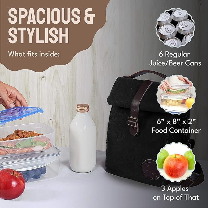 ASEBBO Insulated Lunch Bag for Women & Men - Reusable & Leak Proof Lunch Box Cooler Bag for Work, Beach, Travel for Adults with Shoulder Strap, Father's Day Gift - Waxed Canvas (Black) - Reusable Bag