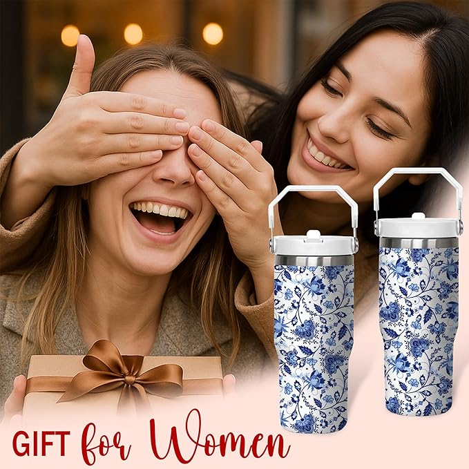30oz Floral Tumbler – Blue and White Stainless Steel Insulated Travel Mug – Elegant Coffee Cup with Handle Lid – Gift for Women, Mom, Friends, Teachers
