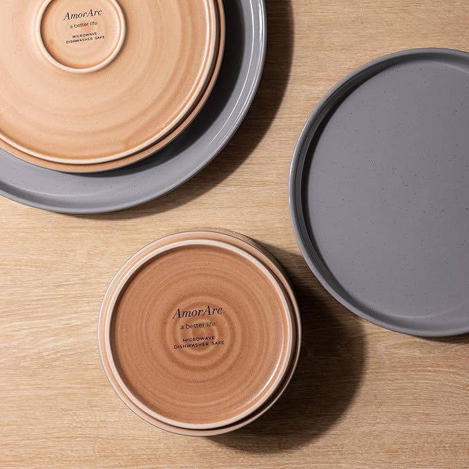 AmorArc Ceramic Plates Set of 6,10.25 Inch Speckled Dinner Plates with Handpainted Rustic Terracotta Underside,Modern Dinnerware Dishes Set for Kitchen,Microwave & Dishwasher Safe-Gray