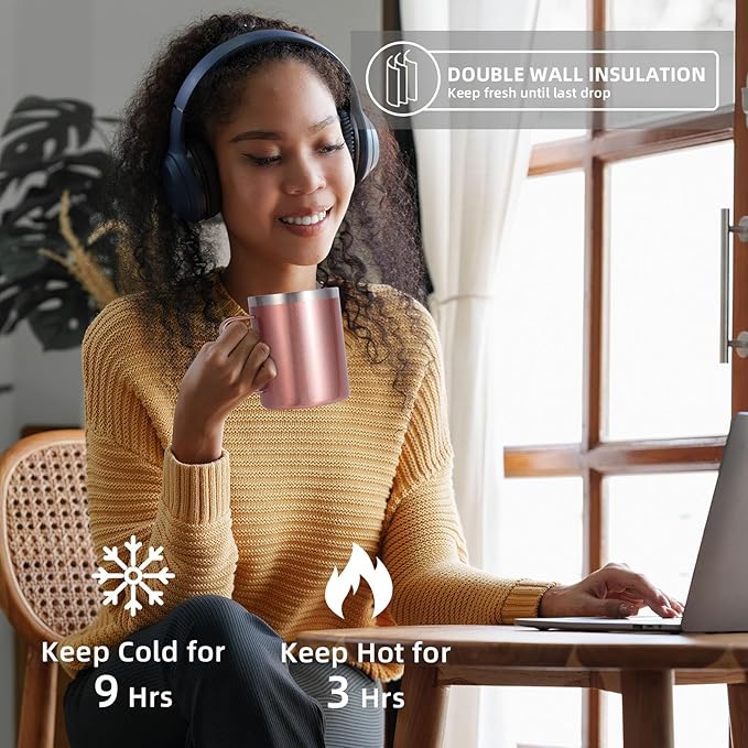 Volhoply 12oz Insulated Leakproof Coffee Mug with Flip & Straw Lid Bulk 2 Pack,Double Wall Vacuum Stainless Steel Travel Tumbler Cup with Handle,Reusable Camping Mugs Keep Cold/Hot(Rose Gold,2 Set)