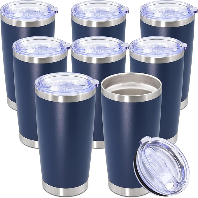 20oz Tumbler Bulk Stainless Steel Tumbler Cup with Lid Vacuum Insulated Double Wall Travel Mug, Durable Powder Coated Travel Coffee Tumbler Mug for Hot & Cold Drinks, Navy,8 Pack