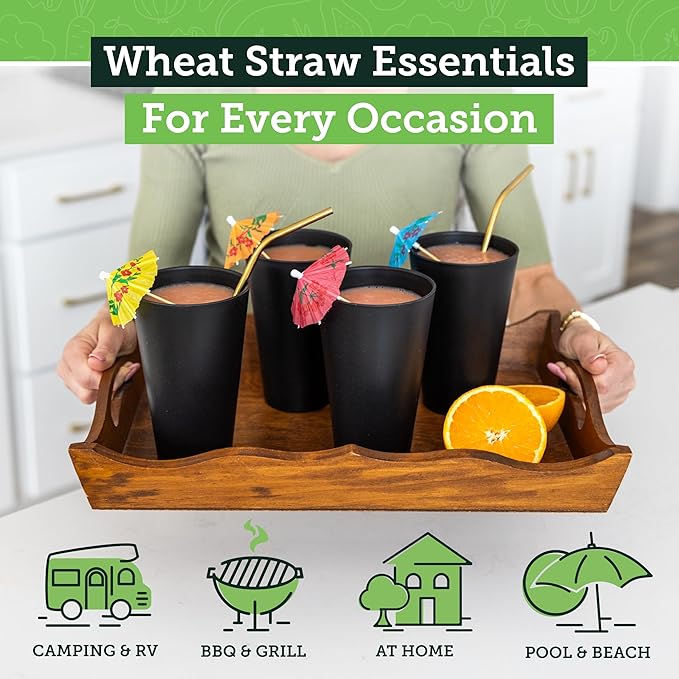 Grow Forward Premium Wheat Straw Cups - 20 oz Unbreakable BPA Free Hard Plastic Cups - Reusable Lightweight Plastic Drinking Glasses for Kitchen, Outdoor, Water, Camping, RV - Midnight