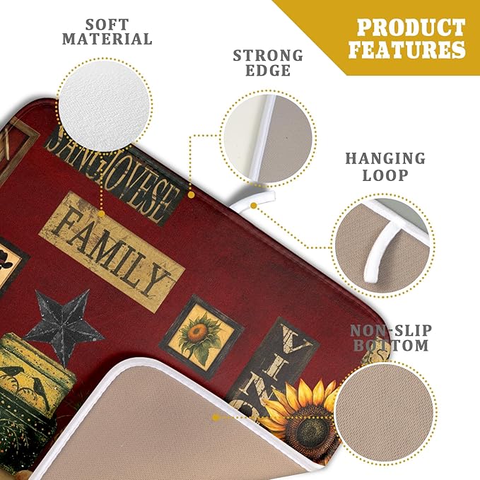 Vintage Rooster Dish Drying Mats 16x18 Inch,Farmhouse Country Hen Chicken Sunflower Microfiber Absorbent Quick-Dry Drainer Rack Sink Protector Pad for Kitchen Counter Decor