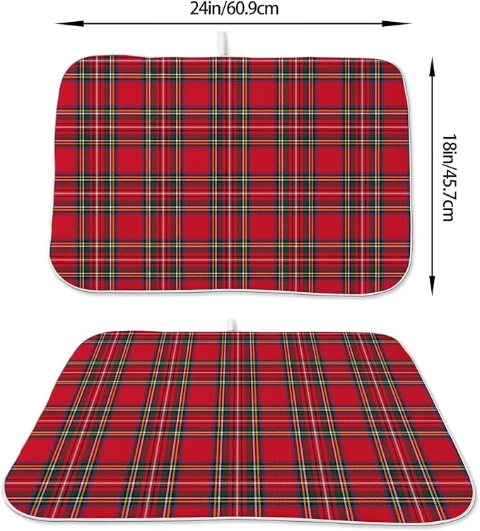 Christmas Dish Drying Mat 18 x 24 inch Red Buffalo Plaid Decorative Drying Mats Microfiber Absorbent Xmas Holiday Dish Washable Draining Mat for Kitchen Counter Decor