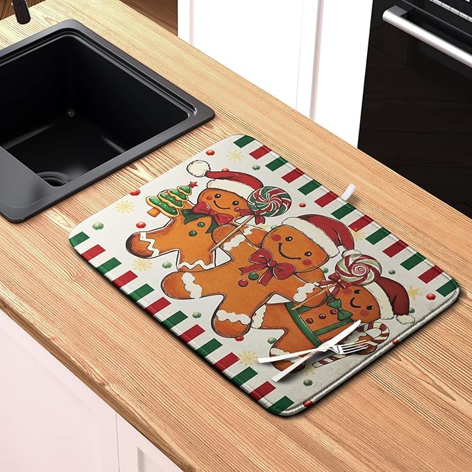 Christmas Dish Drying Mat Gingerbread Man Candy Cane Xmas Tree Drying Mats for Kitchen Counter Winter Holiday Dish Drainer Pad Absorbent Microfiber Dish Draining Mat 16x18 Inch