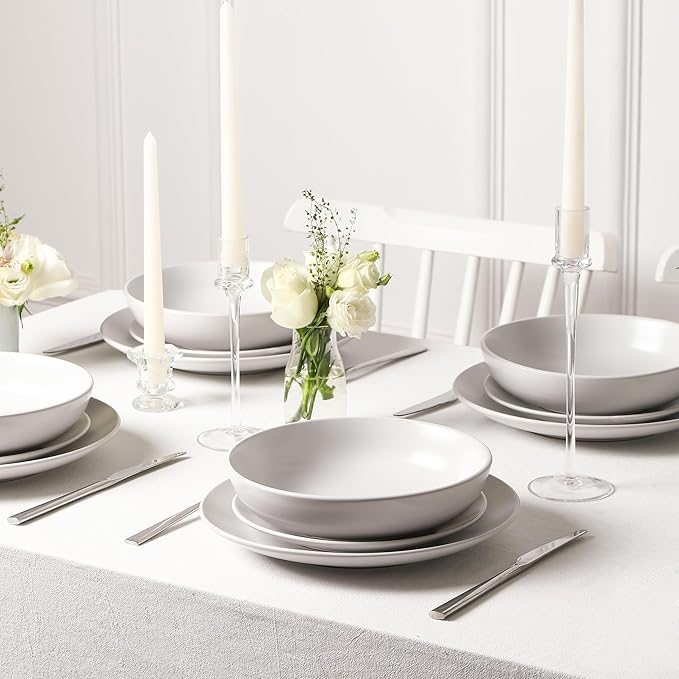 Earth & Clay Mia 12-Piece Stoneware Dinnerware Set, Plates and Bowls Set, Dishwasher and Microwave Safe, Dish Set for 4, White