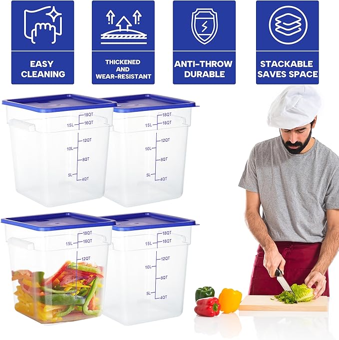 4 Pack Food Storage Containers, 18 Quart Square Commercial Food Containers with Lids, NSF, Polycarbonate, Clear