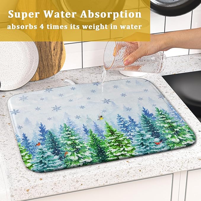 Winter Dish Drying Mat Forest Kitchen Mat for Counter for Home Season Decor 18 X 16 In