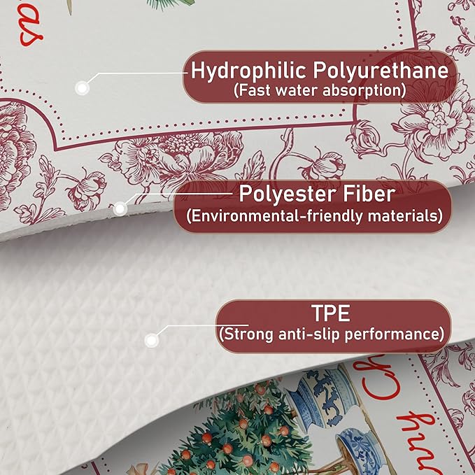 Chinoiserie Christmas Tree Dish Drying Mat, Vintage Floral Christmas Coffee Bar Mat for Countertops, Grandmillennial Xmas Absorbent Dish Drying Mats for Kitchen Counter Coffee Maker, 16x24 Inch