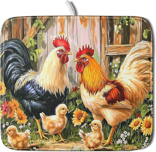 Rooster Chickens Dish Drying Mats 16x18 Inch,Farmhouse Wooden Fence Sunflower Microfiber Absorbent Quick-Dry Drainer Rack Sink Protector Pad for Kitchen Counter Decor