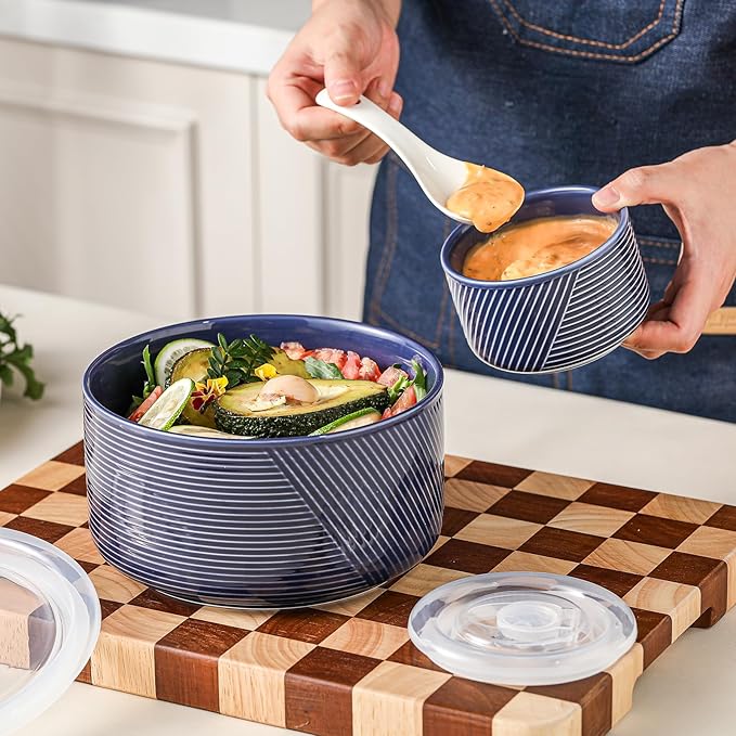 Ceramic Nesting Bowls with Lids: Mixing Bowls with Lids - Porcelain Food Storage Containers For Prep and Serving, Microwavable Kitchen Bowl Set of 4, 50/32/20/10 oz (Navy)