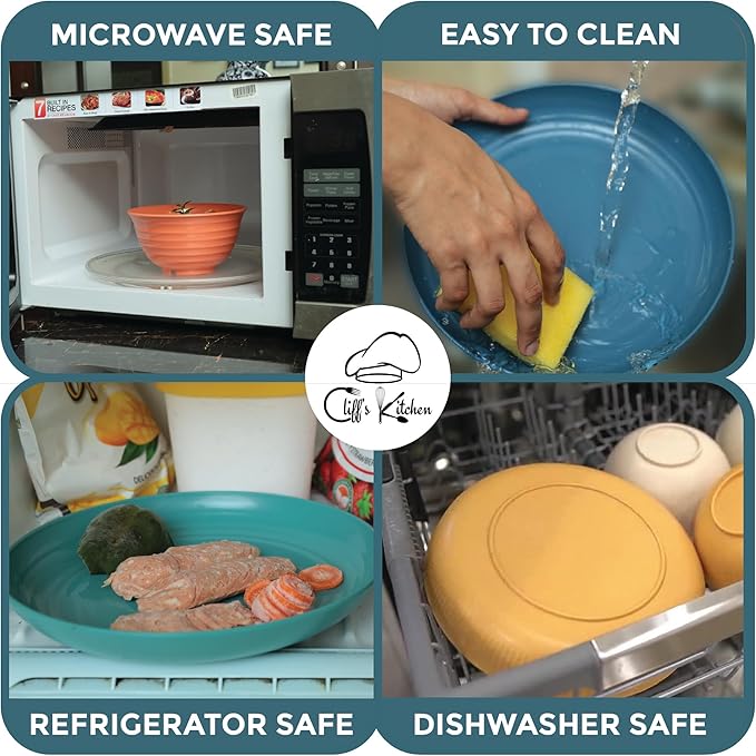 48 Pcs Wheat Straw Dinnerware Sets for 6- Unbreakable Dinnerware Set with Large Plates, Bowls and Cups-BPA Free, Lightweight, Microwave Safe Wheat Straw Plates and Bowls Sets, RV Camping Dishes