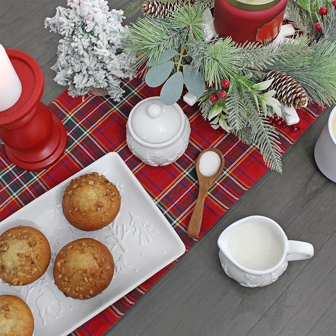 AuldHome Design Reindeer Christmas Cream and Sugar Set; Ceramic Embossed White Serving Sugar Bowl and Cream Pitcher