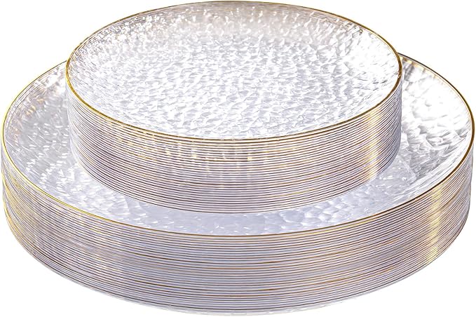 SUT 36Pcs Clear Plastic Plates, Hammered Plates Disposable Heavy Duty, Clear Disposable Plates With Gold Rim, Fancy Plastic plates Include 18 Dinner and 18 Dessert plates for Wedding