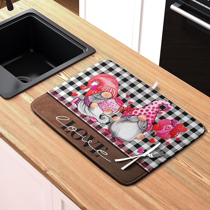 Valentine's Day Dish Drying Mats for Kitchen Counter, Gnome Love Kitchen Drying Mat, Buffalo Plaid Dish Drainer Mat Absorbent Quick Dry Dishes Pad 16 x 18 In - Farmhouse Decor Valentines Gift