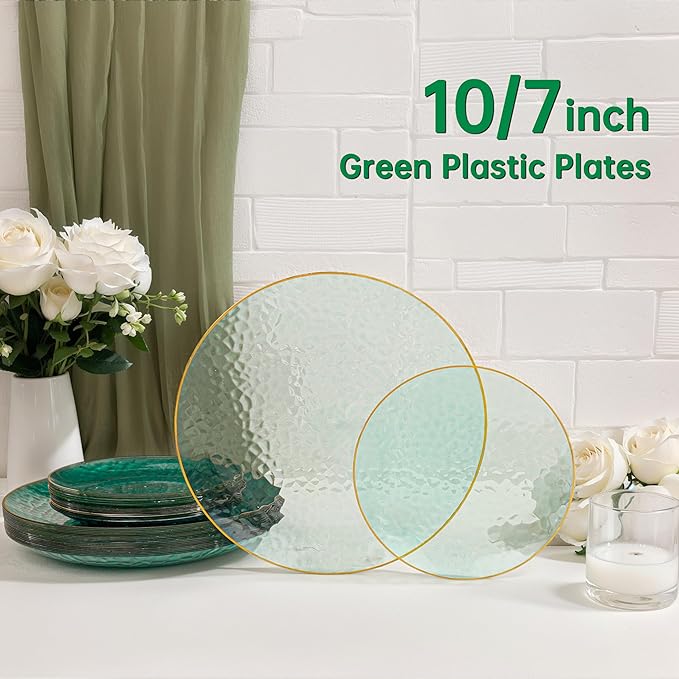 SUT 36Pcs Green Plastic Plates, Hammered Plates Disposable Heavy Duty, Green Disposable Plates With Gold Rim, Fancy Plastic plates Include 18 Dinner and 18 Dessert plates for Wedding