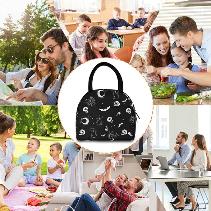 Skull Cat Moon Gothic insulated Lunch Bag Travel Picnic Durable Bags Shopping Box for Women Office Work School Picnic Hiking