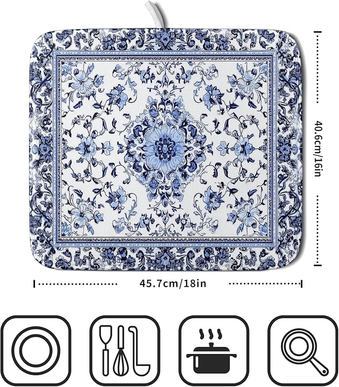 Boho Floral Dish Drying Mat 16x18 Inch Blue Leaves Kitchen Drying Pad Reversible Absorbent Dish Drainer Rack Mats Counter Tableware Decor