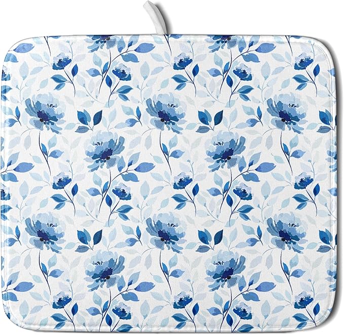 Blue Floral Dish Drying Mat 16x18 inch Flower Leaves Dish Rack Pad Microfiber Washable Dishes Drainer Pad Kitchen Countertop Accessories