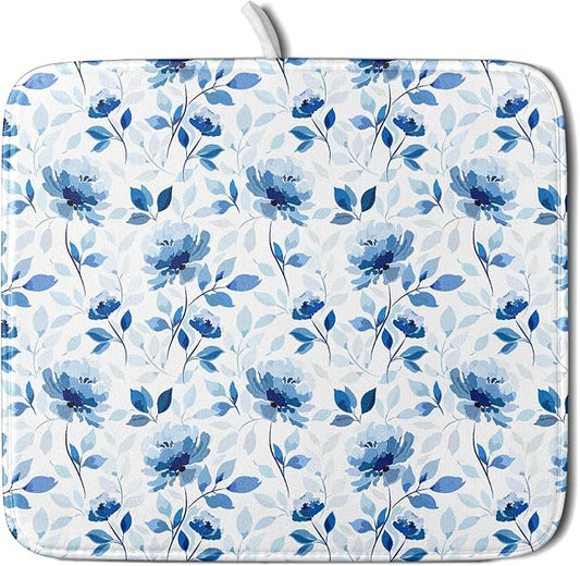 Blue Floral Dish Drying Mat 16x18 inch Flower Leaves Dish Rack Pad Microfiber Washable Dishes Drainer Pad Kitchen Countertop Accessories