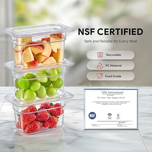 WILPREP 6 Pack Plastic Food Pans with Lids, 1/9 Size 4 in Deep Clear Food Storage Containers, 1.1 qt Stackable Polycarbonate Commercial Hotel Pans for Fruits Vegetables Beans Corns, NSF Listed